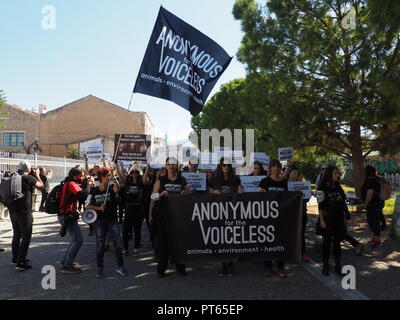 Athènes, Grèce. 06 Oct, 2018. Les défenseurs des droits des animaux démontrent à Athènes contre la violence envers les animaux, en prenant part à la Marche pour les droits des animaux. Crédit : George/Panagakis Pacific Press/Alamy Live News Banque D'Images