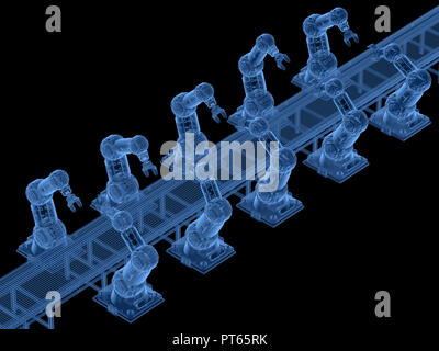 Le rendu 3d x-ray robot ligne d'assemblage avec convoyeur à bande sur fond noir Banque D'Images