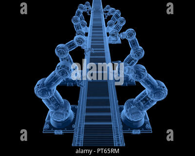 Le rendu 3d x-ray robot ligne d'assemblage avec convoyeur à bande sur fond noir Banque D'Images
