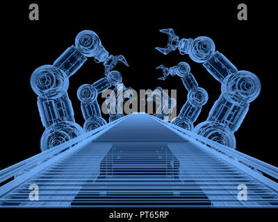 Le rendu 3d x-ray robot ligne d'assemblage avec convoyeur à bande sur fond noir Banque D'Images