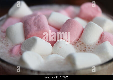 Un chocolat chaud recouvert de verre rose et blanche de guimauves. Banque D'Images