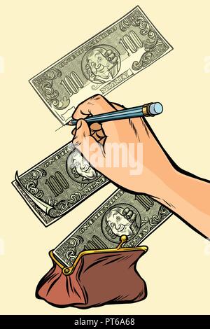 Faussaire attire l'argent dollars. L'argent tombe dans le sac à main. Comic cartoon retro pop art dessin illustration vectorielle Illustration de Vecteur