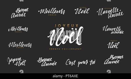 Lettrage français Joyeux noel, Meilleurs Voeux, Bonne annee. Joyeux Noël et Bonne Année, la calligraphie du texte blanc Illustration de Vecteur