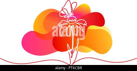 Dessin couleur d'une ligne continue. Belle fleur Echinacea avec papillon. Vector illustration