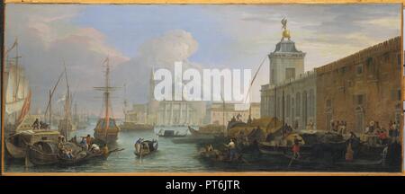 Le Bassin, Venise, avec la Dogana et une vue lointaine de l'Isola di San Giorgio. Artiste : Luca Carlevaris (Italien, Udine 1663/65-1730 Venise). Dimensions : 20 x 47 1/8 in. (50,8 x 119,7 cm). Date : ca. 1709. Cette veduta à l'est le long du Grand Canal présente le quai du côté nord de la Dogana, lui-même surmonté par la statue de Bernardino Falcone Fortune sur un globe. Dans la distance est la façade de la majestueuse San Giorgio Maggiore. Carlevaris anime la peinture avec des scènes de vie vénitienne, un sujet qu'il premières études préparatoires en esquisses à l'huile. Cette peinture, avec trois Banque D'Images