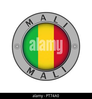 Médaillon rond en métal avec le nom du pays du Mali et un pavillon rond au centre Illustration de Vecteur