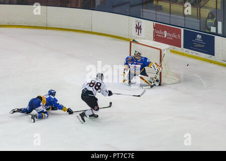 Milan, Italie. 7 octobre, 2018. Asiago Hockey Hockey Milano Rossoblù répond aux 1935 dans un match de la Ligue de hockey des Alpes Crédit : Luca Quadrio/Alamy Live News Banque D'Images