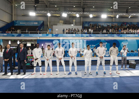 Ville de Buenos Aires, Ville de Buenos Aires, Argentine. 7 Oct, 2018. Le sport. Ville de Buenos Aires, Argentine - 2018, 7 octobre.- athlètes Escrime ouvrir le premier jour de Buenos Aires 2018 Jeux Olympiques de la jeunesse au Parc olympique de la Jeunesse le 7 octobre 2018 dans la ville de Buenos Aires, Argentine. Credit : Julieta Ferrario/ZUMA/Alamy Fil Live News Banque D'Images