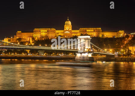 Le château de Buda et la chaîne bridgein à Budapest, Hongrie nuit Banque D'Images