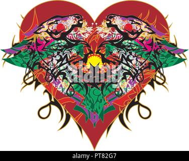 Le symbole du coeur rouge grunge avec les chevaux. Valentine's Day card dans la forme de chevaux avec des flèches et des éclaboussures floral coloré sur un fond blanc Illustration de Vecteur