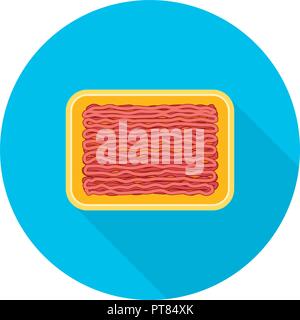 La viande hachée de vecteur dans un plateau en plastique jaune sol tartare de boeuf ou de porc dans un paquet. télévision style graphique. La viande hachée icône ronde isolated on white Illustration de Vecteur