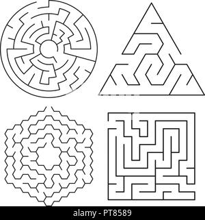 Vector collection puzzles maze isolé sur fond blanc. résumé graphique labyrinthe de rond, carré, triangulaire et formes hexagonale. trouver un moyen Illustration de Vecteur
