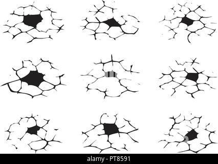 Vector noir et blanc mur fissuré ou milieux désert collection. le réchauffement de la catastrophe du changement climatique de la terre sèche. Les symboles des schémas de crack Illustration de Vecteur