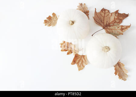 Composition d'automne. Coin décoratif blanc de citrouilles et feuilles d'érable, chêne sec isolé sur fond de table. Automne, Halloween et Thanksgiving concept. Stock style télévision lay. Vue d'en haut. Banque D'Images