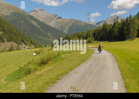 Cycliste féminine sur la route Inn près de Susch (ou SUS) Zernez, commune française située dans le département de l'Inn, dans le canton suisse des Grisons. Autorisation modèle disponible Banque D'Images