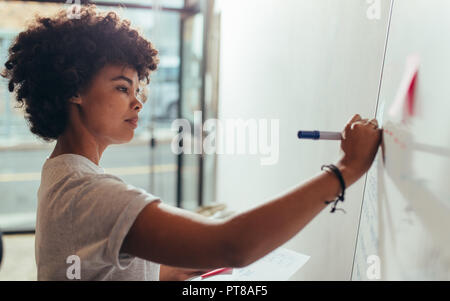 Portrait de jeune femme écrivant sur un tableau blanc au cours d'une présentation dans la salle de conférence. Femme notant quelques points sur un tableau blanc lors d'une rencontre à s Banque D'Images