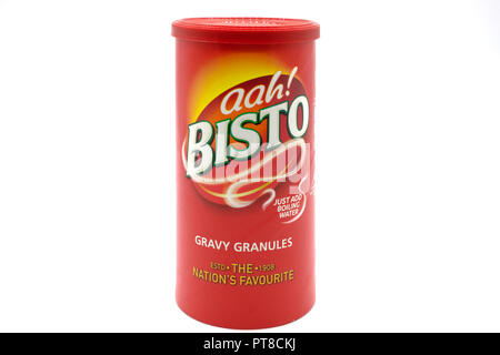 Largs, Ecosse, Royaume-Uni - Octobre 04, 2018 : marque Bisto gravy granules dans un composite en carton contenant recyclable en ligne avec UK je actuels de recyclage Banque D'Images