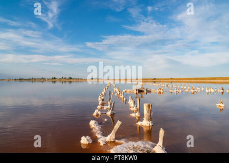 Salt Lake au coucher du soleil, l'ancienne méthode d'extraction de sel de la mer, paysage, neige en été, des tons rose pastel et dégradés Banque D'Images