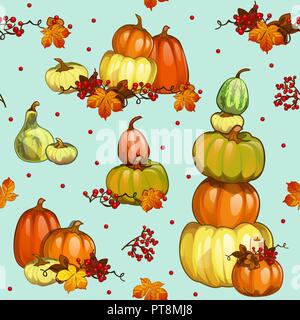 Drôle de fond sans soudure avec la texture des potirons mûrs sur le thème de l'Halloween de cette partie. Jolie carte de souhaits sur le thème de l'automne doré, jour de Thanksgiving. Cartoon vector illustration close-up. Illustration de Vecteur