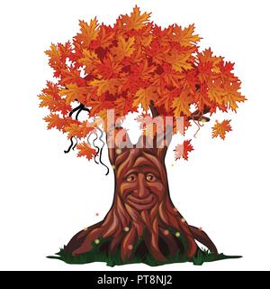 Arbre à feuilles caduques de fantaisie avec face à l'automne isolé sur fond blanc. Automne doré dans la forêt enchantée. Cartoon Vector illustration close-up. Illustration de Vecteur