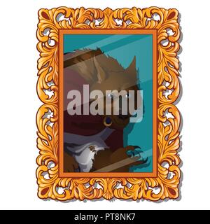 Vintage portrait avec un cadre luxuriant avec une photo d'un loup-garou isolé sur fond blanc. Cartoon Vector illustration close-up. Illustration de Vecteur