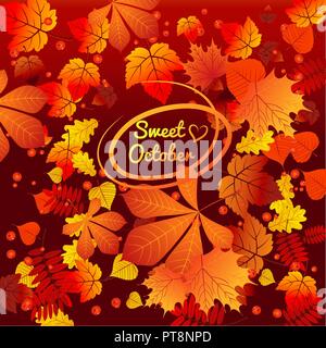 Cute poster ou d'une carte de vœux avec l'inscription et un design moderne sur le thème de l'automne doré. La texture de l'automne passé orné de feuilles d'arbres d'érable, de châtaignier, de Rowan. Cartoon Vector illustration close-up Illustration de Vecteur