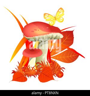 Esquisse pour une affiche sur le thème de la nature automne doré. Champignons mûrs tombés sous les feuilles jaunies des arbres en forêt d'automne isolé sur un fond blanc. Cartoon Vector illustration close-up. Illustration de Vecteur