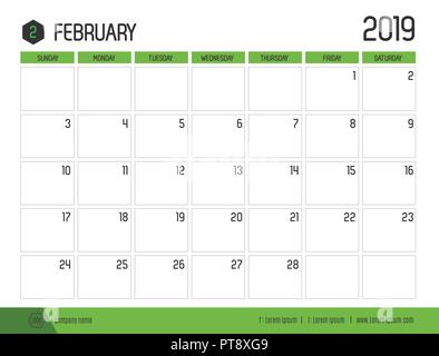Vecteur de calendrier 2019 vert moderne ( février ) en simple table propre style.full size 21 x 16 cm ; début de la semaine le dimanche Illustration de Vecteur