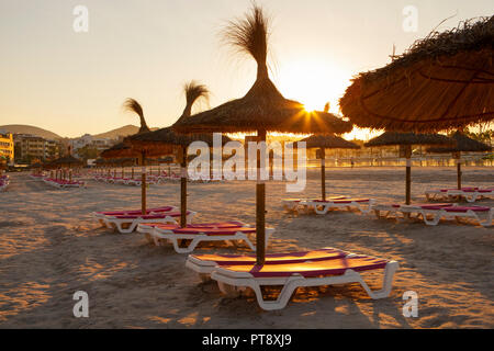 Des chaises vides et des parasols sur la plage d'Alcudia à Majorque au lever du soleil Banque D'Images