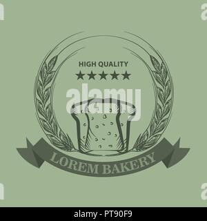Logo de boulangerie avec des tranches de pain frais, du blé, du ruban et des étoiles. Ligne croquis style art illustration vectorielle. Illustration de Vecteur