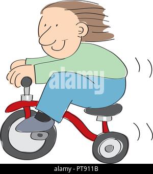 Petit garçon équitation fast sur un tricycle rouge isolé sur fond blanc - hand drawn vector illustration Illustration de Vecteur