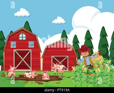 Scène de ferme avec des porcs dans la boue illustration Illustration de Vecteur