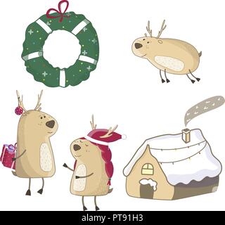 Noël mignon deer avec don. Gradieny isolé sur fond bleu. Illustration de Noël. Carte de souhaits Décoration design d'hiver animaux Illustration de Vecteur