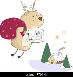 Noël mignon deer avec don. Gradieny isolé sur fond bleu. Illustration de Noël. Carte de souhaits Décoration design d'hiver animaux Illustration de Vecteur
