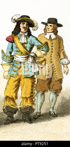 La figure représentée ici sont un soldat français et un paysan français vivant au 17e siècle, plus précisément entre 1600 et 1670. L'illustration dates à 1882. Banque D'Images