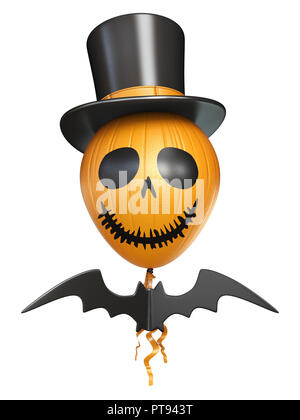 Ballon effrayant tête avec chapeau et bat pour l'Halloween le rendu 3D illustration isolé sur fond blanc Banque D'Images