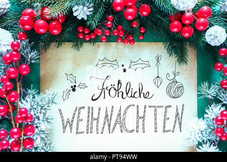 Décoration de Noël, la calligraphie Frohe Weihnachten signifie Joyeux Noël Banque D'Images