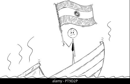 Caricature de l'homme politique debout appuyée sur bateau naufrage Waving Flag de la République argentine ou de l'Argentine Illustration de Vecteur