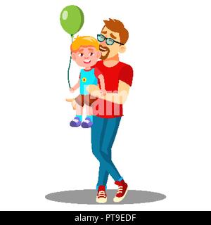 Jeune père de famille avec un enfant avec des ballons dans ses bras vecteur. Illustration isolé Illustration de Vecteur