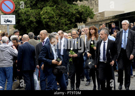 Barcelone, Espagne. 8 octobre 2018. Quim Torra, Président de la Generalitat de Catalogne assiste à l'enterrement de la diva espagnole Montserrat Caballé, à Barcelone. Elle est décédée le samedi 6 octobre 2018, 85 ans. Sa famille, plusieurs amis comme Josep Carreras, Jaume Arragall, Jordi Savall, Albano, politiciens et de nombreux admirateurs ont aidé à donner le dernier adieu à la soprano. Credit : Rosmi Duaso/Alamy Life News Banque D'Images