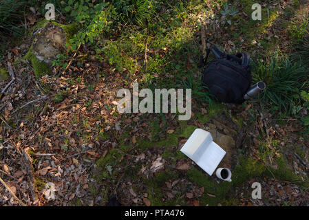 Voir ci-dessus d'un sac à dos de randonneur avec un thermos et un livre ouvert et une tasse de café sur une racine d'arbre, à l'ombre des arbres, dans une forêt d'automne. Banque D'Images