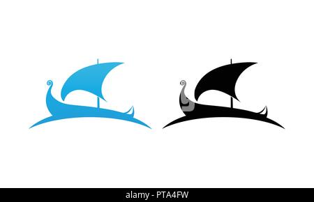 Logo de Drakkar Drakkar scandinave en noir et bleu. Vector illustration isolé sur blanc. Illustration de Vecteur