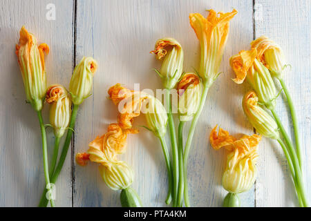 Fleurs de courgettes sur fond de bois Banque D'Images