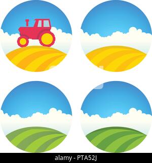 Label ferme ronde avec le tracteur et le champ d'orge vert isolé sur blanc, Vector Illustration Illustration de Vecteur