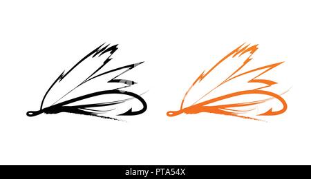 Fly - Icônes d'appâts de pêche à la mouche en noir et orange isolé sur blanc, Vector Illustration Illustration de Vecteur