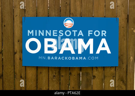 Yard signe sur une clôture pour le démocrate Barack Obama lors de l'élection présidentielle américaine 2008, Minnesota Banque D'Images