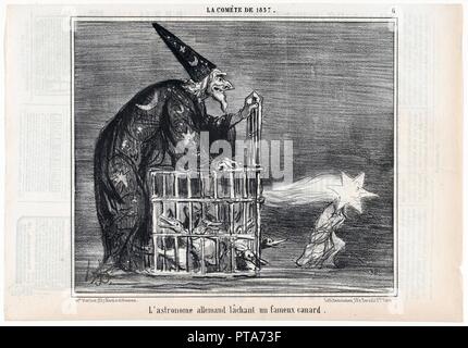 La Comète de 1857, l'ecureuil allemand lâchant un fameux canard, le charivari, de pub. 1858. Organisateur : Honoré Daumier (1808-1879 ). Banque D'Images