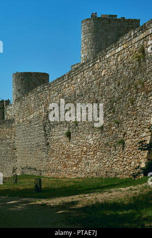 Mur et les tours du château de Burgos situé sur la colline de San Miguel, Castilla y Leon, Spain, Europe Banque D'Images