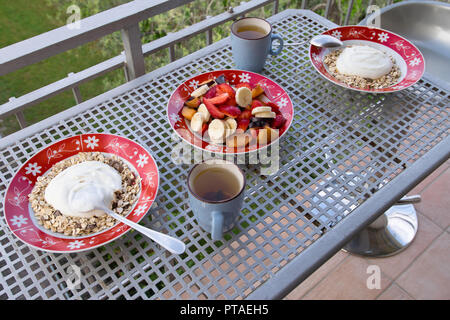 Petit-déjeuner de fruits en plein air. Flocons d'avoine avec du yogourt nature. Banque D'Images