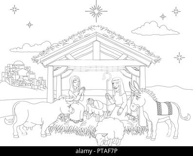 Cartoon Christmas Nativity scene Coloring Illustration de Vecteur